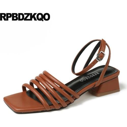 Women Ankle Strap Brown Gladiator Square Chunky White Strappy Shoes Vintage Sandals Heels Low Heel Trending Ladies Pumps Cage