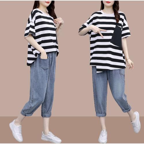 Summer Clothes for Women 2021 Fashion Two Piece Set O-neck Printing T Shirt Top and Jeans Suits Retro Casual Sets Femme X154