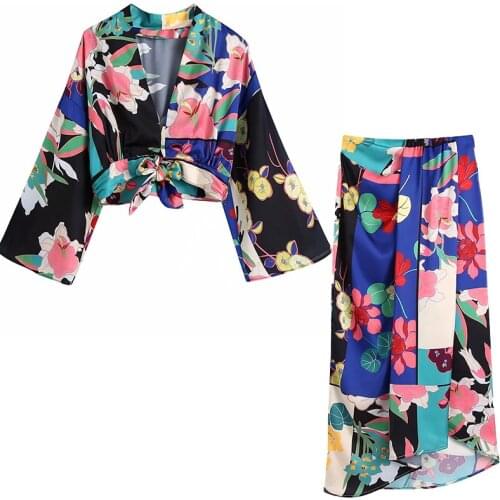 Aonibeier 2021 Za Woman Traf Suit Female Summer Floral Print Casual Beach 2 Piece Sets Kimono Sleeve Crop Tops + Long Maxi Skirt
