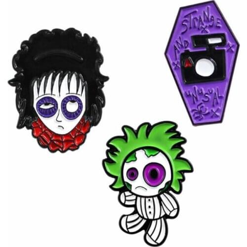 Horror Doll Puppet Metal Enamel Brooch Purple Vampire Coffin Badge Pin Gothic Trendy Costume Backpack Jewelry Accessories Gift