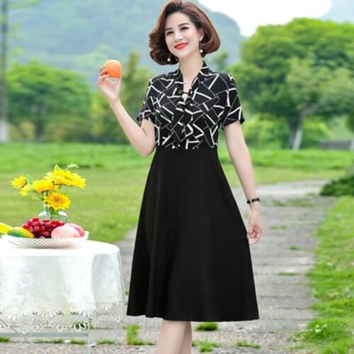 Short Sleeve Vestido Female 2021Summer Korean Middle-Aged Women High Waist Dresses Slim Thin Print Patchwork Swing Faldas