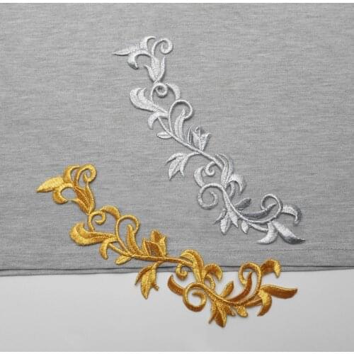 2pcs/lot Long Flower Gold Silver Iron On Appliques Embroidered Patches Lace Fabric Decoration Vintage Dress Costumes Diy Trims