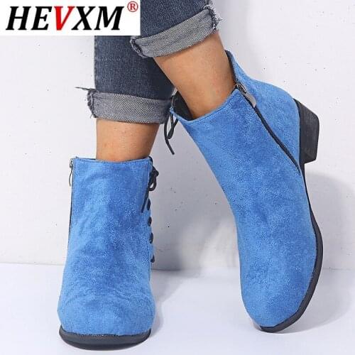 2021 Winter Boots Women Middle Ankle Casual Blue Grey Lace-up Solid Zipper Boots With Big Plus Size 35-43