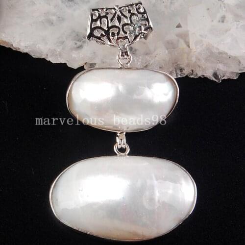 Free shipping 50x61x18mm Fashion Jewelry White Mother of pearl Shell Oval Pendant Bead MC3775