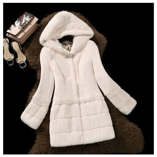 Free Shipping New Arrival Genuine Rabbit Fur Coat with hat Women full pelt rabbit fur jacket Winter fur waistcoats big F03