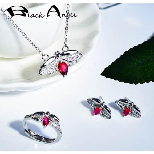 BLACK ANGEL 925 Sterling Silver Ruby Citrine Gemstone Cute Firefly Necklace Stud Earrings Resizable Ring For Women Jewelry Set