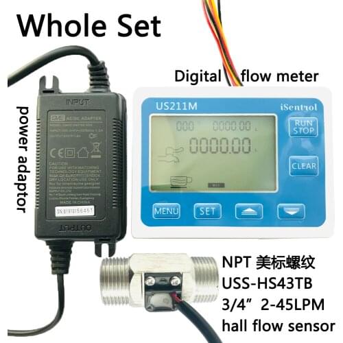 US211M Digital Flowmeter with NPT Thread Flow Sensor USS-HS43TB NPT3/4" DN20 2-45LPM Show Total Current and Total Flow iSentrol