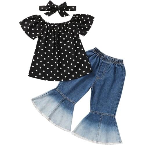 FOCUSNORM 2-6Y Summer Toddler Girls Clothes Sets 3pcs Off Shoulder Polka Dot Printed T Shirts Tops Denim Flare Pants Headband
