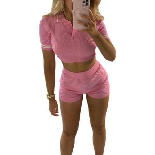 Woman Summer Sexy Clothes Set Lady Girls Fashion Kniting Turn-down Collar Suits Slim Sheath T-shirt Top Shorts Partywear Stylish