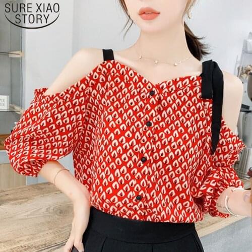 Summer Print Chiffon Shirt 2021 New Korean Style Shirt Fashion Polka Dot Tie V-neck Off Shoulder Women Blouses and Tops 5016 50