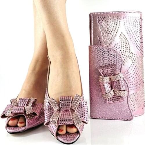2021 Hot Selling African New Arrival Speical Narrow Band and Cross-tied Style Italian Design Pink Color Ladies Shoes and Bag Set