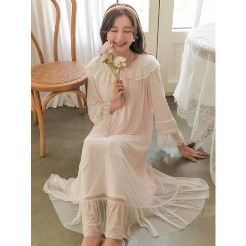 Hanxiuju Vintage Long Nightgowns For Women Elegant Lace Princess Nightshirts Autumn Long Sleeve Sweet Girls Sleepwear