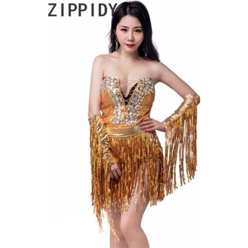 New Sexy Gold Bright Sequins Tassel Bandage Strapless Bodysuit Nightclub Female Singer Bar Ds Stage Performance Unique Costume