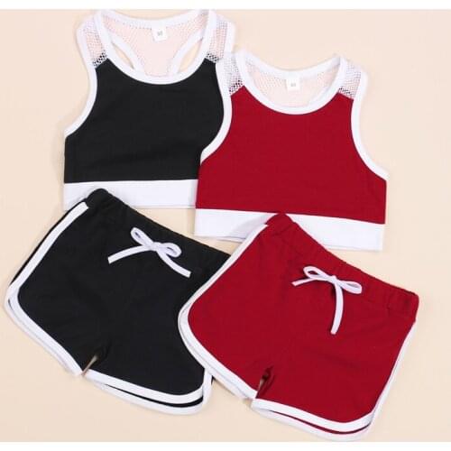 1-6 Years Kids Summer Tracksuit Set Mesh Splicing O-Neck Sleeveless Tank Tops Elastic Waist Shorts Suits For Girl Sportswear Set