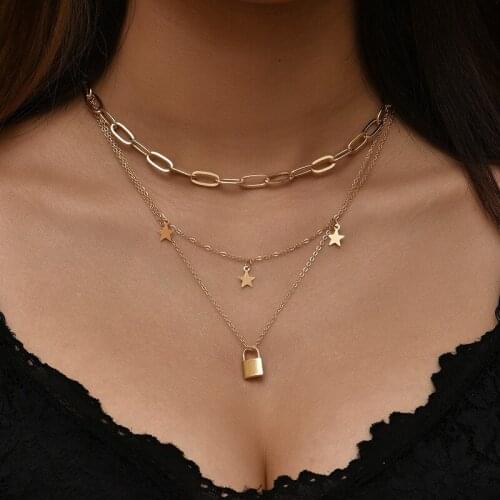 Gold color Choker Necklace for women 3 Layers full stars lock Pendant Chain Necklaces & Pendants velvet chokers Fashion Jewelry