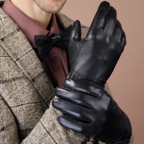 Winter Men Genuine Leather Gloves Touch Screen High Quality Solid Black Real Sheepskin Driving Glove Button Fashion G580
