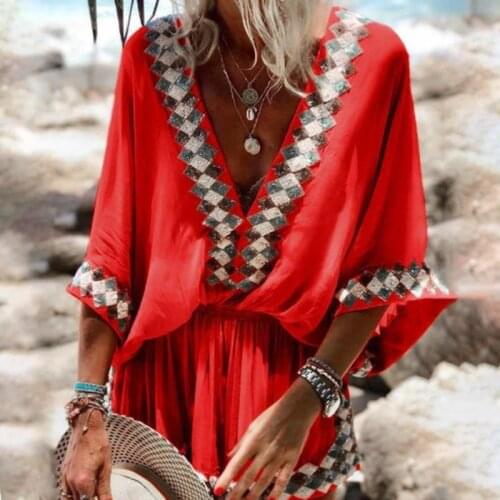 Dresses For Women 2021 Summer Vintage Clothes Deep V Neck Boho Chic Robe Femme Tunic Loose Beach Streetwear Vestidos Mini Dress