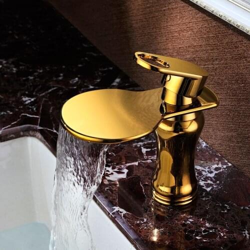 Luxury solid brass gold finished bathroom sink waterfall faucet golden basin Hot and cold water mixer tap faucet