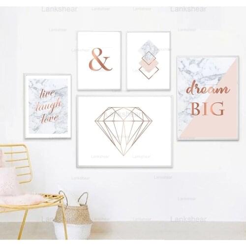 Pink Marble Posters and Prints Gray Rose Gold Canvas Painting Ampersand Diamond Wall Art Modern Pictures for Living Room Decor