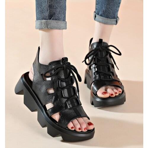 High Quality Platform Sandals for Women Lace-Up Genuine Leather Summer Shoes Lady High Heel Peep Toe Fashion Gladiator Sandals