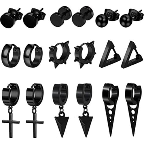9 Pairs of Stainless Steel Stud Earrings Huggie Hoop Earrings Womens Mens Black Cross Punk Style Gothic Earring Set