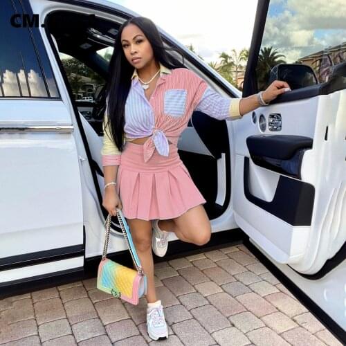 CM.YAYA Women Set Patchwork Three Quarter Sleeve Single Breasted Bandage Tops Mini Pleated Skirts Two 2 Piece Set Summer Outfits