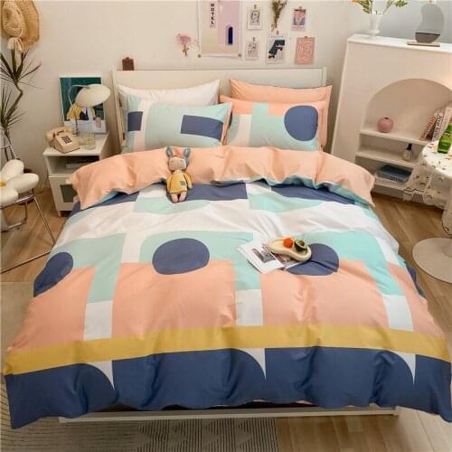 Stylish Simple Printing Cotton Household Bedding Set Cute Kawaii Duvet Cover Set Bed Linen Fitted Sheet Pillowcases 4pcs Textile
