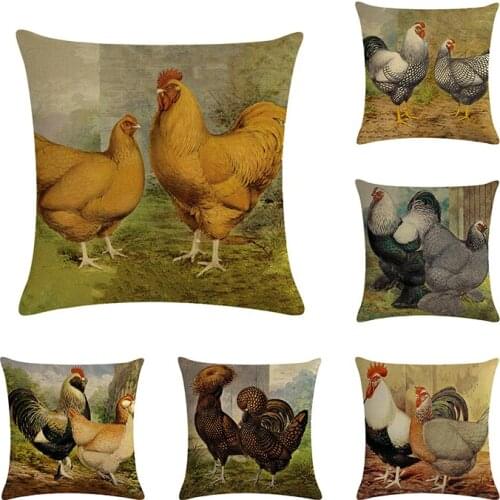 Vintage Cock Cushion Cover Linen Decorative Pillowcase Chair Seat Square 45x45cm Farm Pillow Cover Home Decor For Sofa