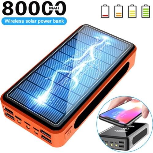 80000mAh Wireless Solar Power Bank 4 USB LED External Battery PoverBank Mobile Phone Charger for Xiaomi iPhone 12 Xr Powerbank