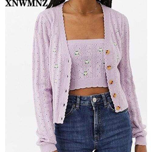 XNWMNZ za Women Button Through Crop Pointelle embroider Knit Cardigan Open Stitch Knit Cardigans
