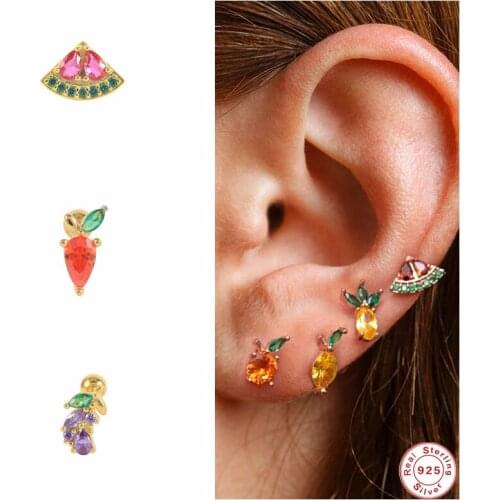 GS 925 Sterling Silver Fruit Collection Stud Earrings For Women Colored Zircon Rainbow Crystal Vegetables Piercing Ear Studs