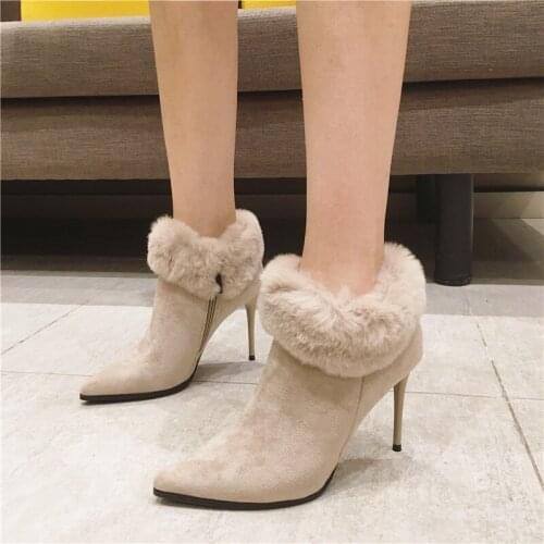 Women High Heel Snow Boots Warm Short Fur Plush Winter Ankle Ladies Suede Zip Casual Shoes Female Black Pointed Toe Grey Boots