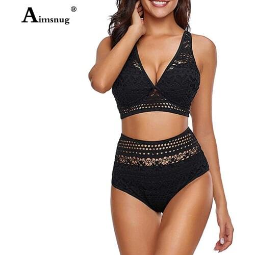 High Waist Women Bikini Set Hollow Out Swimsuit Sexy Push Up Two Pieces Swimwear 2021 Patchwork Lace Bathing Suits Femme biquini