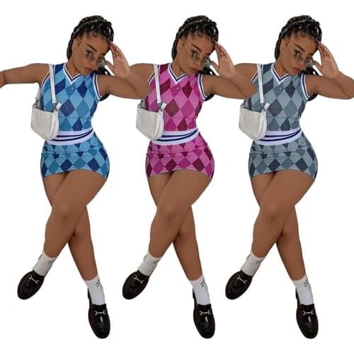 Echoine Women 2021 Classic Plaid Print Two Piece Set elastic Sexy sleeveless Crop Tops and Mini Skirts Sweatpants Suit Outfits