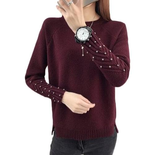 New Women Beading Raglan sleeve Sweater Autumn Warm Casual Knitting Sweaters Womens Korean Elegant Pullover O neck Sweaters F6