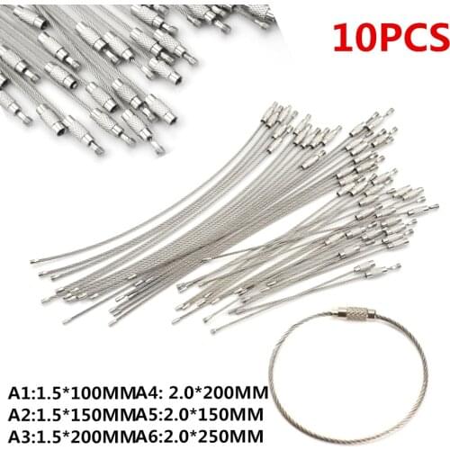 10Pcs 10/20/25cm Keychain Tag Rope Stainless Steel Wire Cable Loop Screw Lock Gadget Ring Key Keyring Circle Camps Hanging Tool