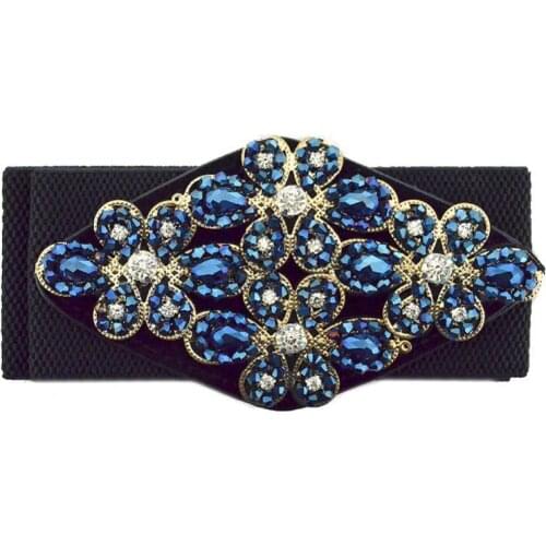 40%HOTWomen Handmade Rhinestone Inlaid Flower Wide Waist Belt Elastic Dress Waistband