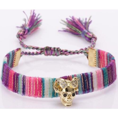 5 pcs/lot white cz gold sheep goat skull charm ethnic bohemia soft cotton silk tassel tail wristband adjustable bracelet woman
