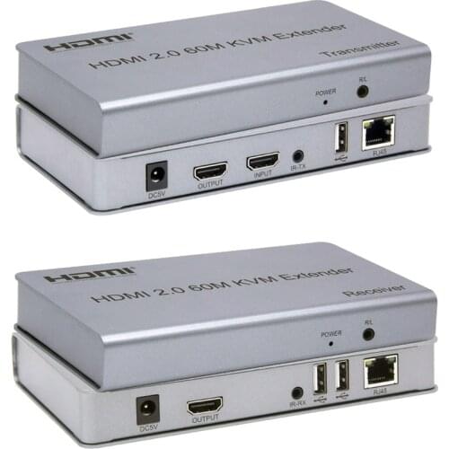 60M 4K 60hz HDMI 2.0 Extender KVM Extension By Cat 5e 6 RJ45 Network Cable TX RX Support Touch Screen TV Out USB Mouse Keyboard