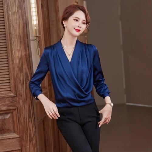 High Quality Fabric Blouses Shirts Long Sleeve Spring Fall Elegant Blue V-neck Blouse Formal OL Styles Women Blouse Tops Clothes