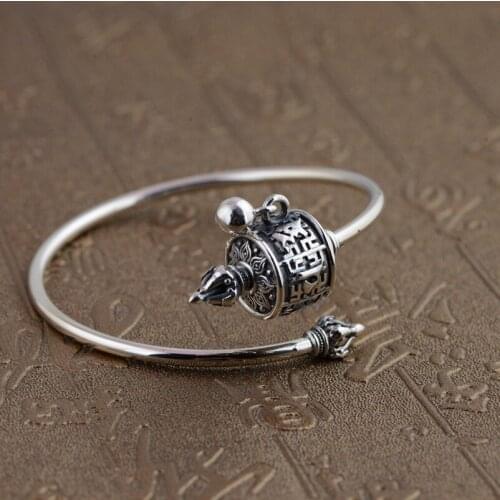 Tibetan Prayer Wheel Cuff Bracelet 100% 925 Silver Buddhist Prayer OM Mantra Bangle Real Sterling Silver Bangle Adjustable