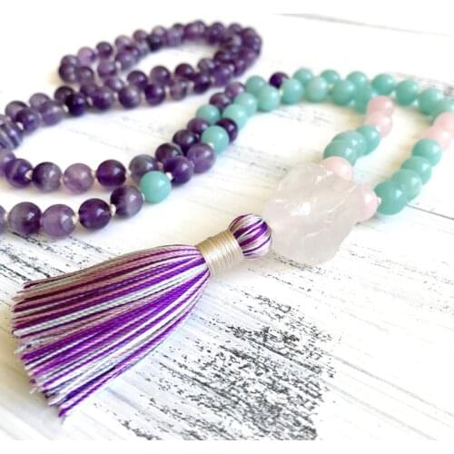 Boho Amethysts Amazonite Mala Beads Neacklace 108 Knotted Tassel Necklace Raw Q-uartz Yoga Meditation Beads Spiritual Jewelry