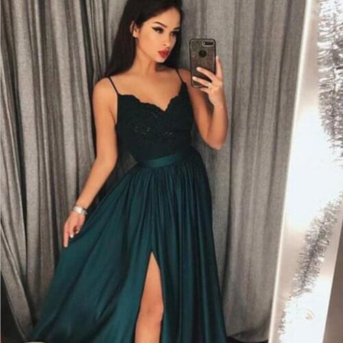 Bbonlinedress Long Prom Dresses Long A-Line Spaghetti Strap Prom Dress High Split Elegant Formal Party Gown vestido-de-festa