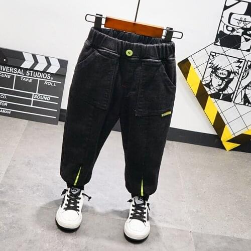 2021 Winter New Korean Baby Boys Jeans Childrens Letter Pocket Elastic Leg Plus Velvet Thick Jeans Todder Denim Pants Cowboy