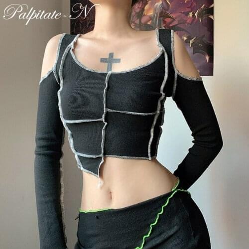 Dark Patchwork Gothic T-shirts E-girl Hollow Out Sleeve Punk Style Autumn Crop Tee Slim Fashion Streetwear Autumn Women Top