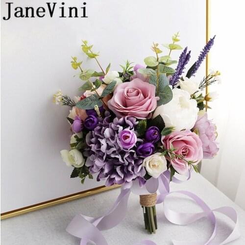 JaneVini Purple Artificial Wedding Flowers Bridal Bouquet Lavender Rose Mariage Romantic Bridesmaid Hand Bouquet Holder Supplies