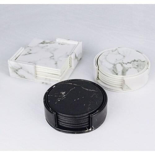 Marble Coaster Sets Drink Coffee Cup Table Mat PU Leather Tea Pad Black Dining Table Placemats Table Chic Decoration 6PCS