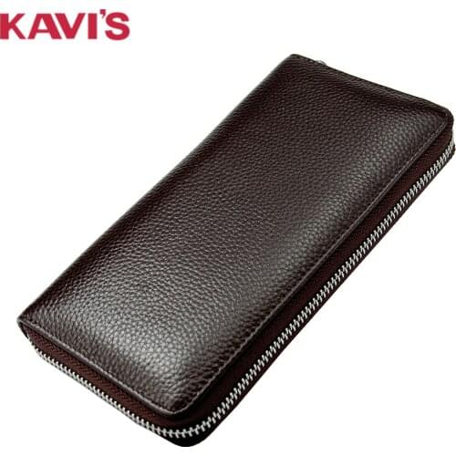 KAVIS Genuine Leather Men Long Wallet Mobile Phone Bag Large Capacity Coin Purses Card Holder Zipper Handbag Clutch Money Bag