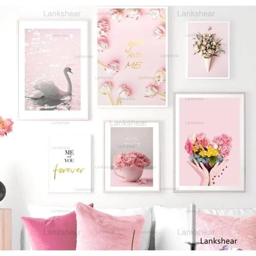 Pink Flower Sweet Tube Cup Swan Wall Art Canvas Painting Nordic Posters And Prints Plant Wall Pictures For Living Room Decor