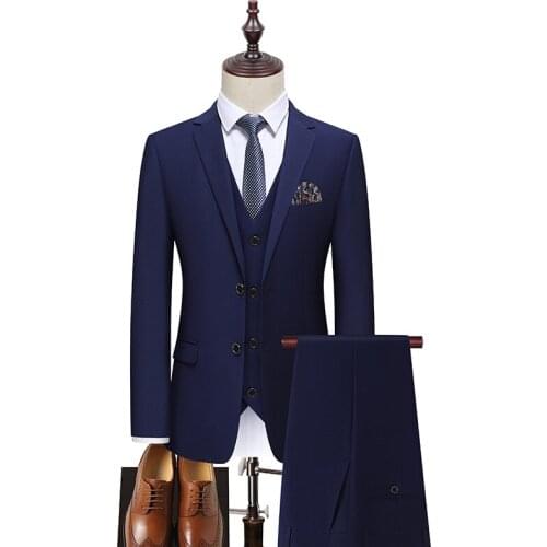 New Luxury 3 piece mens wedding suit fashion Male slim solid color business office suit sets large size men Blazer+pants + vest